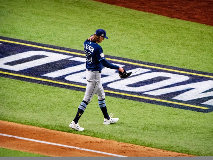Oct 20, 2020; Arlington, Texas, USA; Tampa Bay Rays starting pitcher Tyler Glasnow (20) leaves the game against the Los Angeles Dodgers during the fifth inning in game one of the 2020 World Series at Globe Life Field.